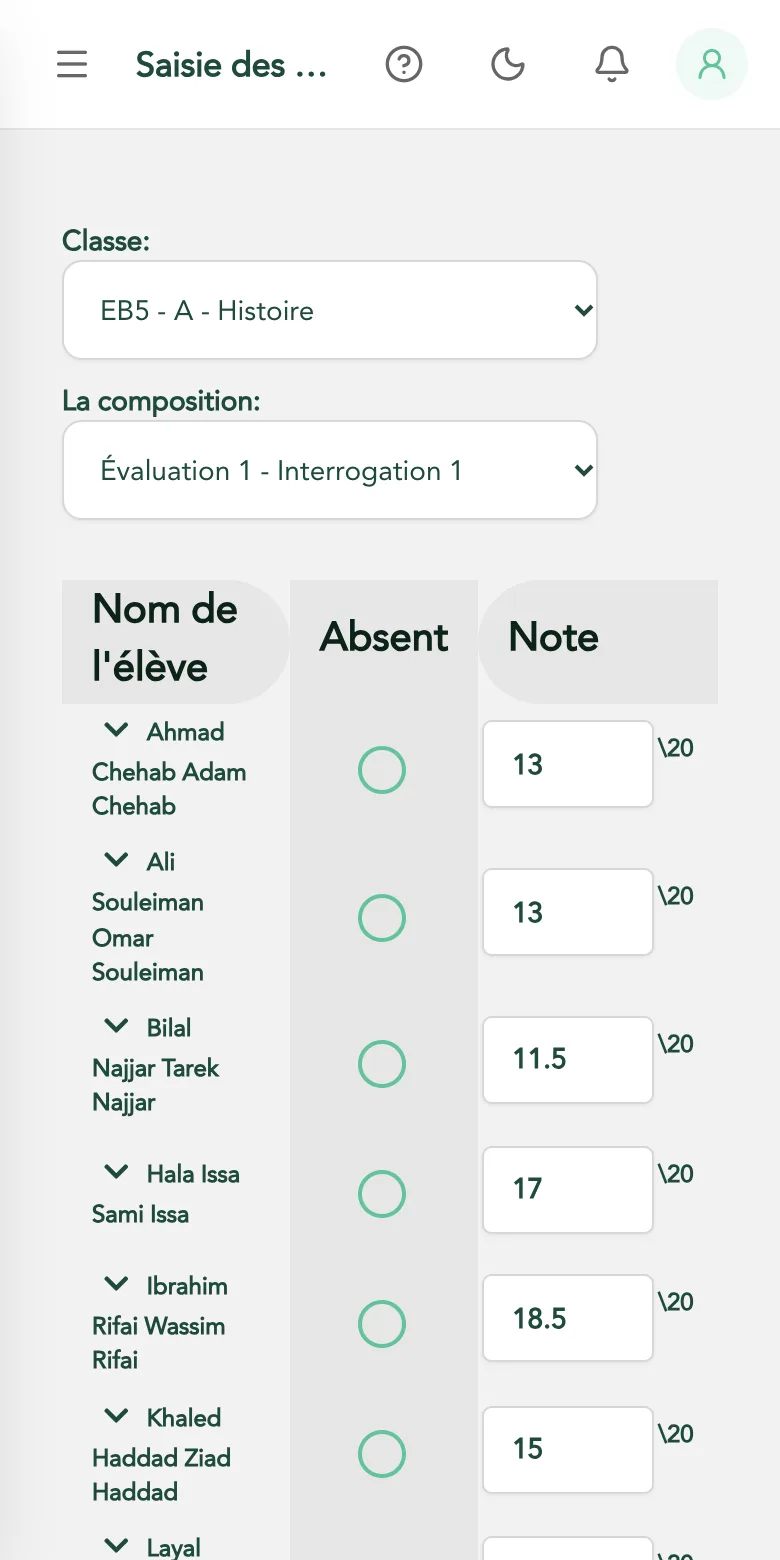 Saisie des notes